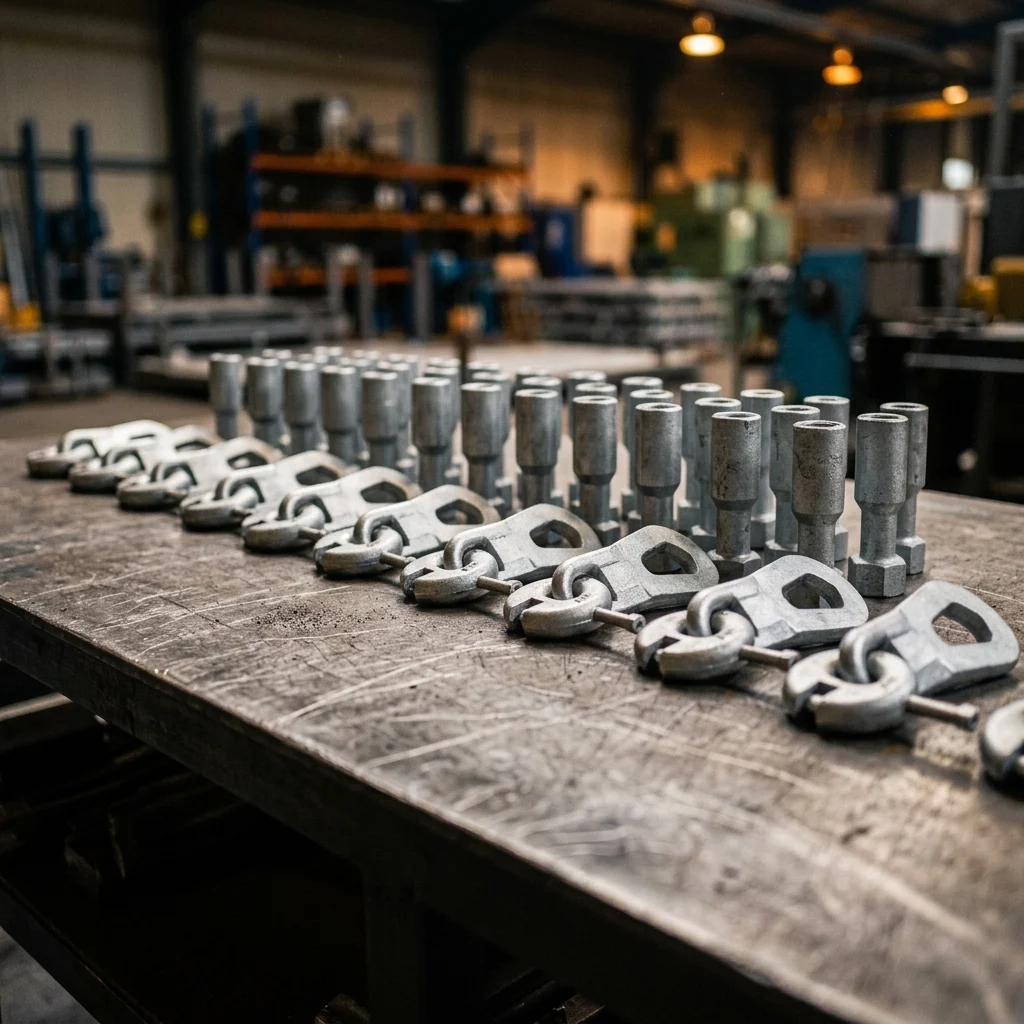 Rows of galvanized steel precast lifting hardware on a workbench in a factory