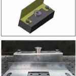 Shuttering magnet fitted with a plywood holder adaptor clamp, 3D view and installed on a steel casting table