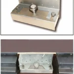 Galvanised plywood holder adaptor on a shuttering magnet, 3D view and in use between formwork panels