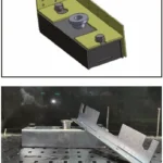 Angled plywood holder adaptor on a shuttering magnet, 3D view and set up on a steel casting table