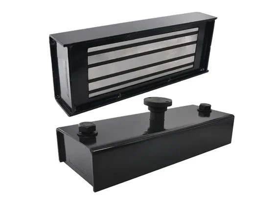 Heavy-duty shuttering magnet box for precast concrete formwork, black anti-corrosion painted housing with release button